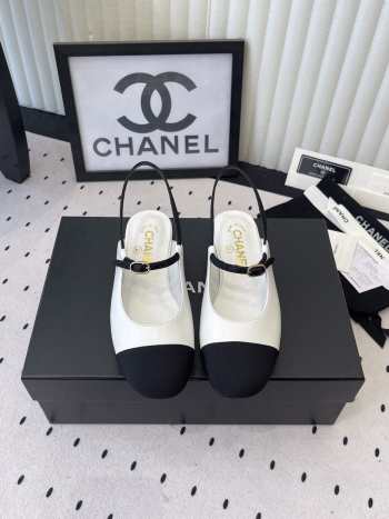 Uubags Chanel slingback goat leather & grosgrain fabric in white & black