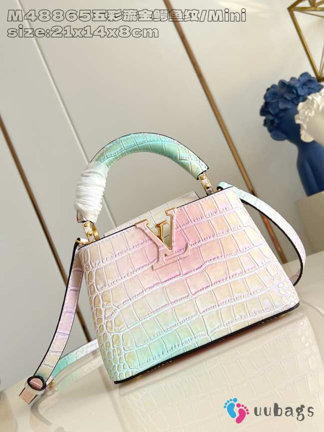 Uubags Louis Vuitton M48865 Capucines Mini Bag In Pink/ Mint Green Crocodilien Mat 21x14x8cm - 1