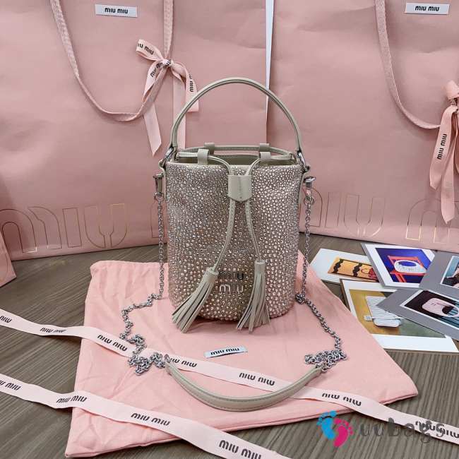 Uubags Miu Miu Crystal-Embellished Bucket Bag In Pearl Gray 17x15x10cm - 1