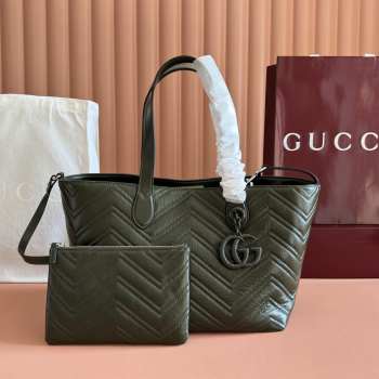 Uubags Gucci GG Marmont medium forest green soft lightweight matelassé chevron nappa leather tote bag 30x23x18cm