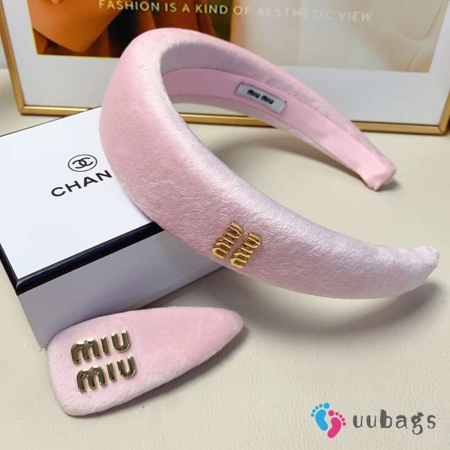 Uubags Miu Miu Velvet Padded Headband Set (Headband + Hair Clip) In Pink - 1