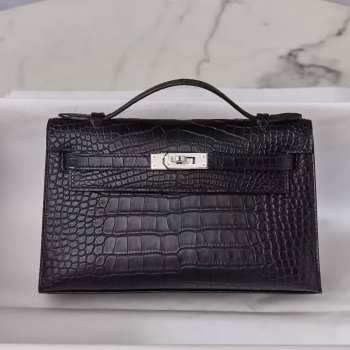 Uubags Hermes Black Kelly Crocodile Leather 22cm (L)