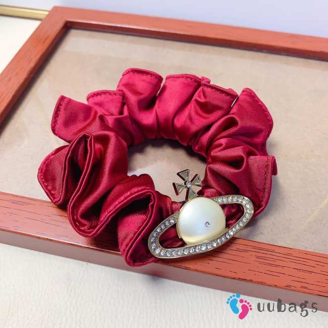 Uubags Vivienne Westwood Red Satin Scrunchie with Saturn Pearl Charm - 1