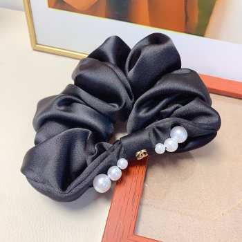 Uubags Chanel Black Satin Scrunchie with Pearl Accents