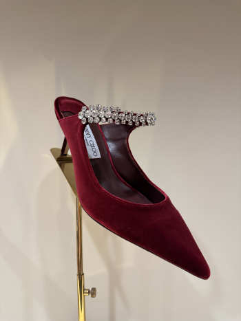 Uubags Jimmy Choo Bing 100 Ruby Red Velvet Mules with Crystal Embellishment 6.5cm