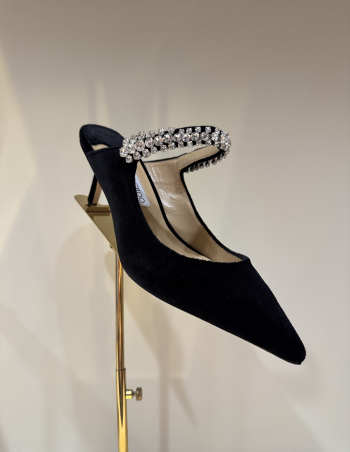 Uubags Jimmy Choo Bing 100 Black Velvet Mules with Crystal Embellishment 6.5cm