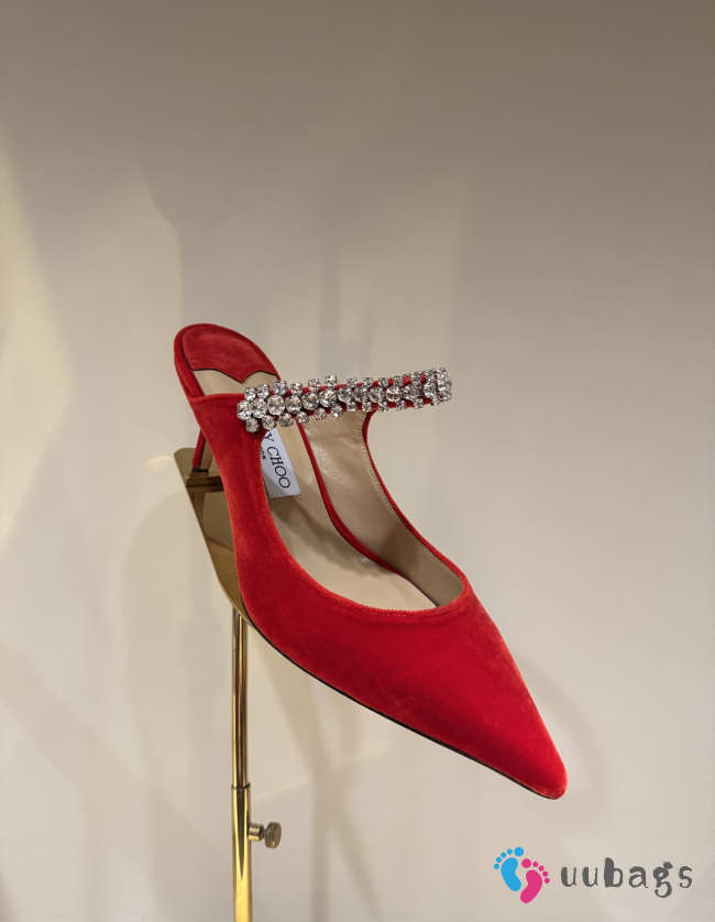 Uubags Jimmy Choo Bing 100 Red Velvet Mules with Crystal Embellishment 6.5cm - 1
