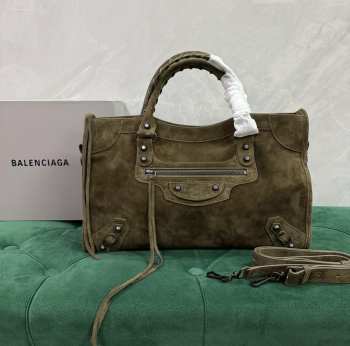 Uubags Balenciaga Le City bag medium in khaki suede calfskin, brass hardware 38x26x24cm