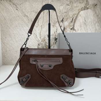 Uubags Balenciaga Le City Moto Bag in Dark Brown Suede Leather 27.9x19x13.9cm