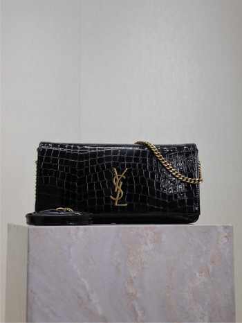 Uubags Kate Chain Wallet in Black Crocodile-Embossed Patent Leather 26x13.5x4.5cm