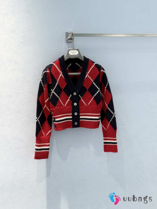 Uubags Thom Browne Argyle Intarsia Merino Wool Shrunken Cardigan Red/Blue - 1