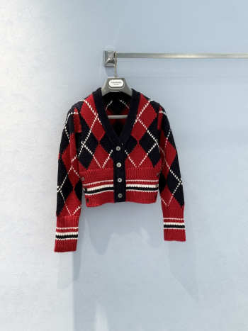 Uubags Thom Browne Argyle Intarsia Merino Wool Shrunken Cardigan Red/Blue