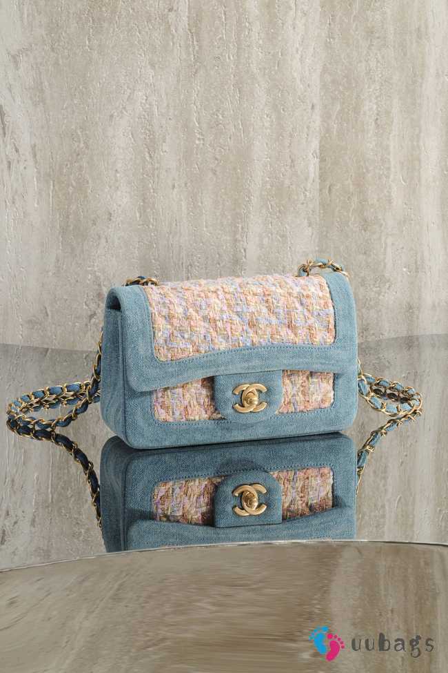 Uubags Chanel Mini Flap Bag Orange/ Blue Tweed & Denim With Gold Hardware 20cm - 1