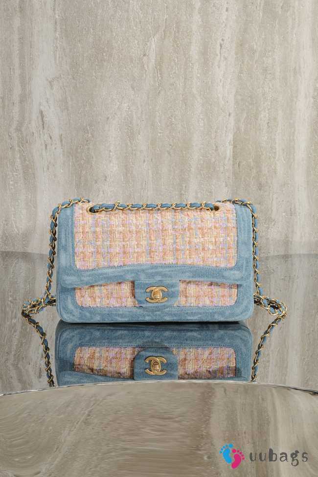 Uubags Chanel Medium Flap Bag Orange/ Blue Tweed & Denim With Gold Hardware 25cm - 1