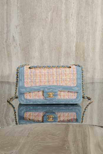 Uubags Chanel Medium Flap Bag Orange/ Blue Tweed & Denim With Gold Hardware 25cm