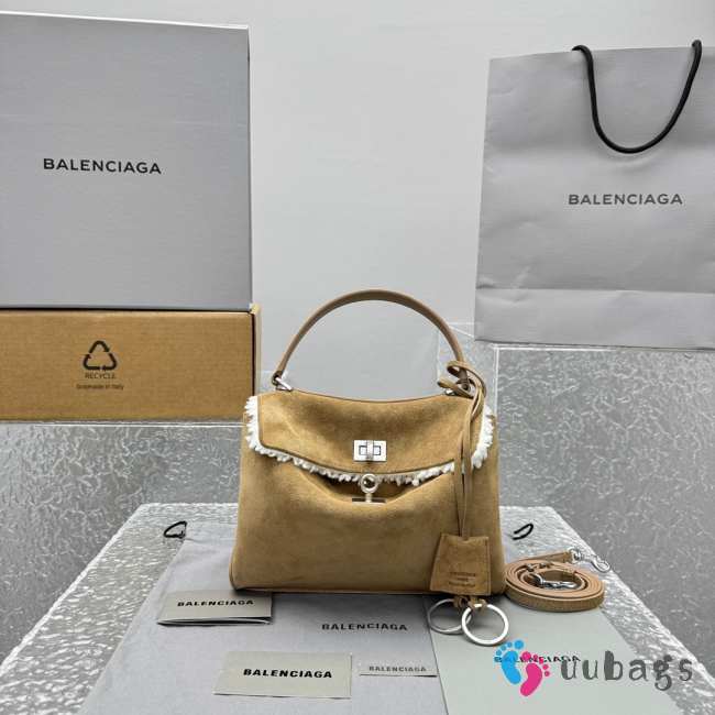 Uubags Balenciaga Rodeo handbag mini in noce/white suede calfskin and white fleecel, aged-silver hardware - 1