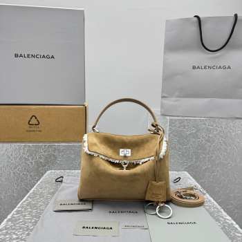 Uubags Balenciaga Rodeo handbag mini in noce/white suede calfskin and white fleecel, aged-silver hardware