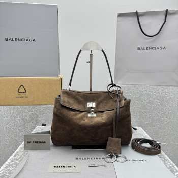 Uubags Balenciaga Rodeo handbag in medium light espresso waxed suede calfskin and smooth calfskin, aged-silver hardware