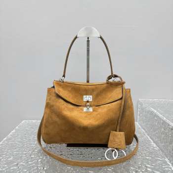 Uubags Balenciaga Rodeo handbag in medium tan waxed suede calfskin and smooth calfskin, aged-silver hardware