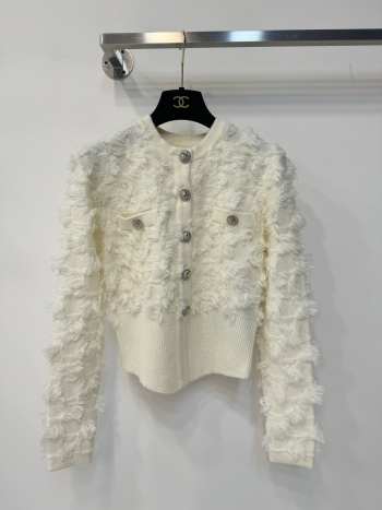 Uubags Balmain Cropped Fringe-Effect Knit Cardigan with Decorative Buttons