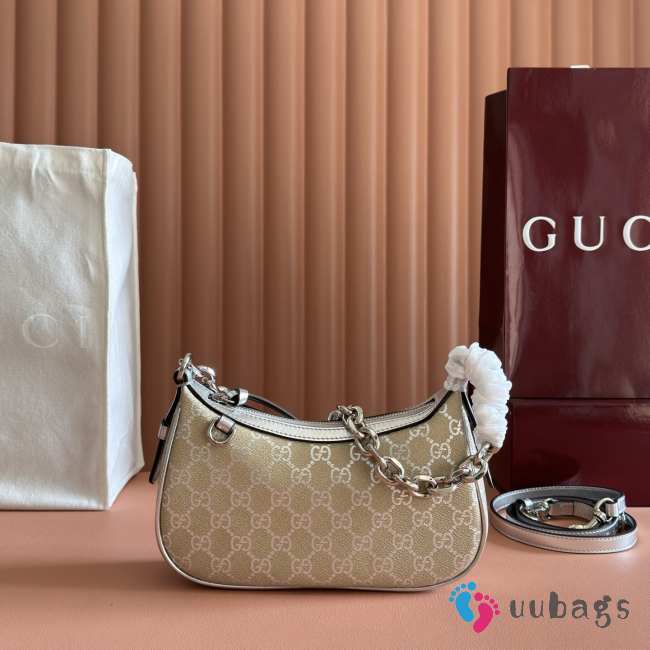 Uubags Gucci GG Emblem small shoulder bag light beige and metallic silver laminated-effect GG monogram coated fabric  - 1