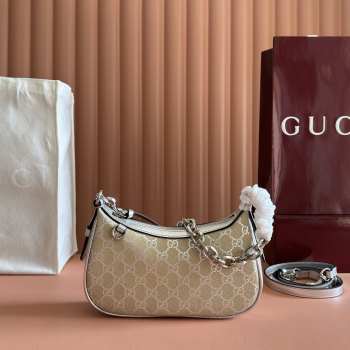 Uubags Gucci GG Emblem small shoulder bag light beige and metallic silver laminated-effect GG monogram coated fabric 