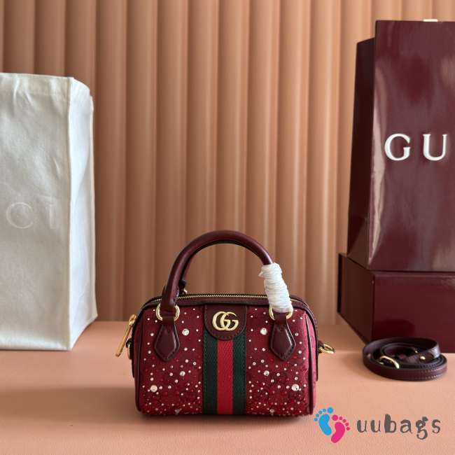 Uubags Gucci Ophidia crystal boston-shaped charm rosso ancora red GG canvas bag 16.5x10x9cm - 1