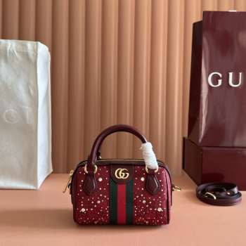 Uubags Gucci Ophidia crystal boston-shaped charm rosso ancora red GG canvas bag 16.5x10x9cm