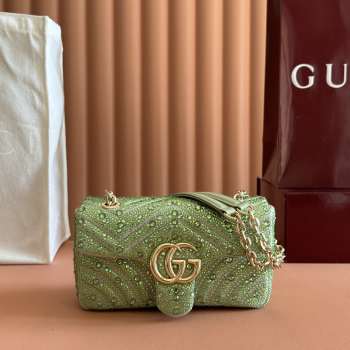 Uubags Gucci GG Marmont crystals small bag pale mint green matelassé chevron nubuck leather with crystals 22x12.5x6cm