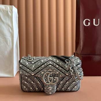 Uubags Gucci GG Marmont crystals small bag grey matelassé chevron nubuck leather with crystals 22x12.5x6cm