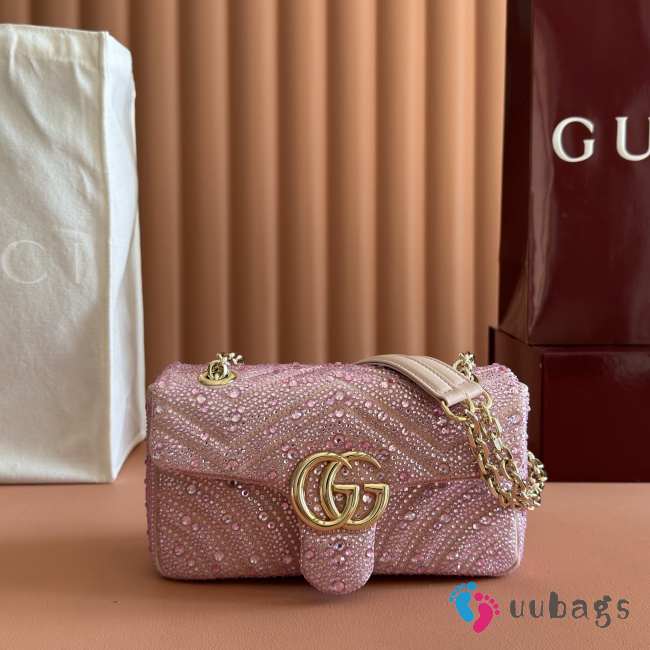 Uubags Gucci GG Marmont crystals small bag light pink matelassé chevron nubuck leather with crystals 22x12.5x6cm - 1