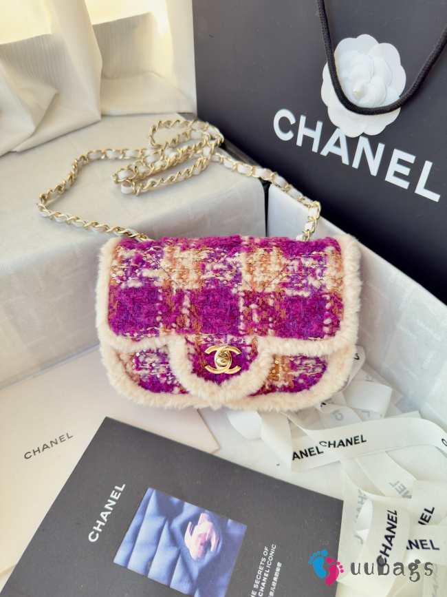 Uubags Chanel Small Flap Bag Tweed, Sheepskin & Gold-tone Metal In Fuchsia, Pink, Beige & Brown 20cm - 1