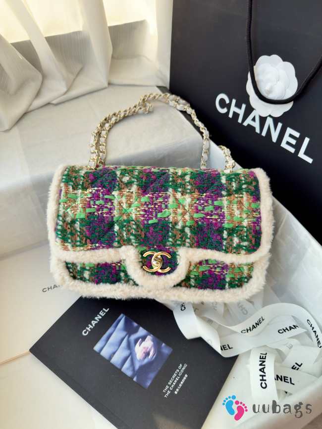 Uubags Chanel Medium Flap Bag Tweed, Sheepskin & Gold-tone Metal In Fuchsia, Pink, Beige & Brown 25cm - 1