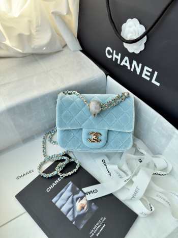 Uubags Chanel mini flap bag, velvet, diamanté & gold-tone metal, light blue 18cm