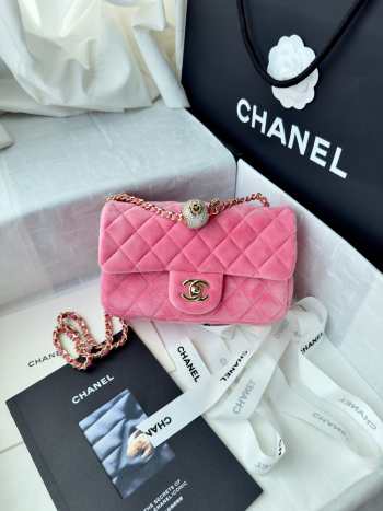Uubags Chanel mini flap bag, velvet, diamanté & gold-tone metal, pink 20cm