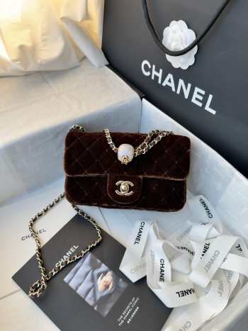 Uubags Chanel mini flap bag, velvet, diamanté & gold-tone metal, dark brown 20cm