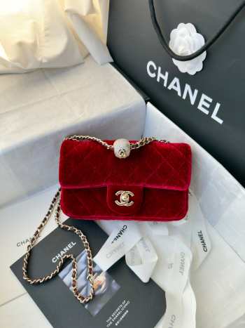 Uubags Chanel mini flap bag, velvet, diamanté & gold-tone metal, red 20cm