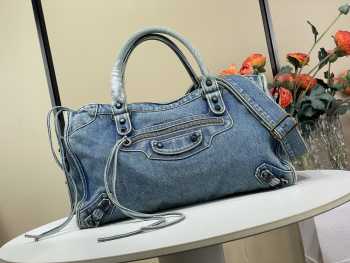 Uubags Balenciaga Le City Large Blue Denim Bag with Aged Silver Hardware 35cm