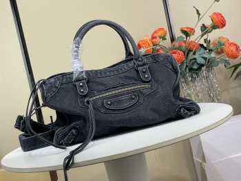 Uubags Balenciaga Large Le City Black Denim Bag with Aged Silver Hardware 35cm