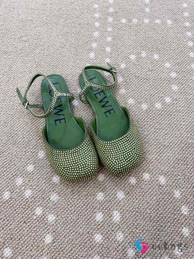 Uubags Loewe Toy ankle strap ballerina in rhinestone-embellished green suede - 1