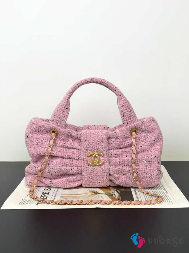 Uubags Chanel large bow bag tweed fabric & gold-plated metal in pink, black & white 39x5x25cm - 1