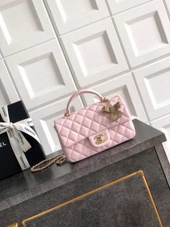 Uubags Chanel Mini Top Handle Flap Bag with Bow Charm Light Pink Quilted Leather & Gold-Tone Metal 20x13x9cm