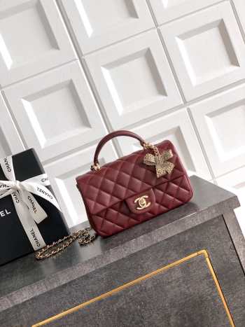 Uubags Chanel Mini Top Handle Flap Bag with Bow Charm Burgundy Quilted Leather & Gold-Tone Metal 20x13x9cm