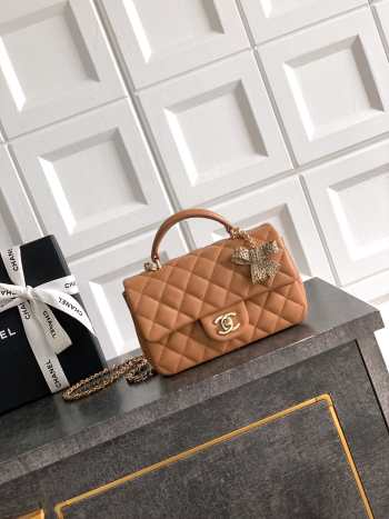 Uubags Chanel Mini Top Handle Flap Bag with Bow Charm Brown Quilted Leather & Gold-Tone Metal 20x13x9cm