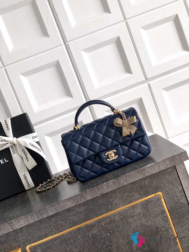 Uubags Chanel Mini Top Handle Flap Bag with Bow Charm Navy Blue Quilted Leather & Gold-Tone Metal 20x13x9cm - 1
