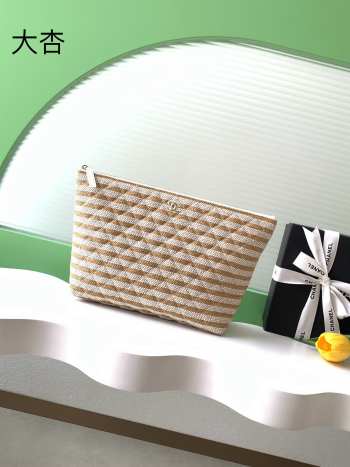 Uubags Chanel Large Zipped Case Printed Fabric & Gold-Tone Metal In Light Beige /Dark Beige 19.6x33.7x12cm