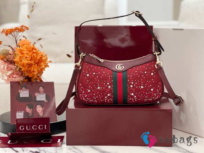 Uubags Gucci Ophidia crystals small shoulder bag in Rosso Ancora red GG canvas 26x15x6.5cm - 1