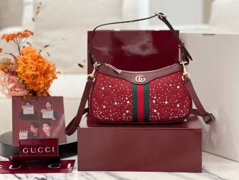 Uubags Gucci Ophidia crystals small shoulder bag in Rosso Ancora red GG canvas 26x15x6.5cm