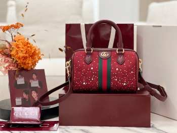 Uubags Gucci Ophidia crystals small boston bag in Rosso Ancora red GG canvas with gradient-effect crystals 21x13x11cm