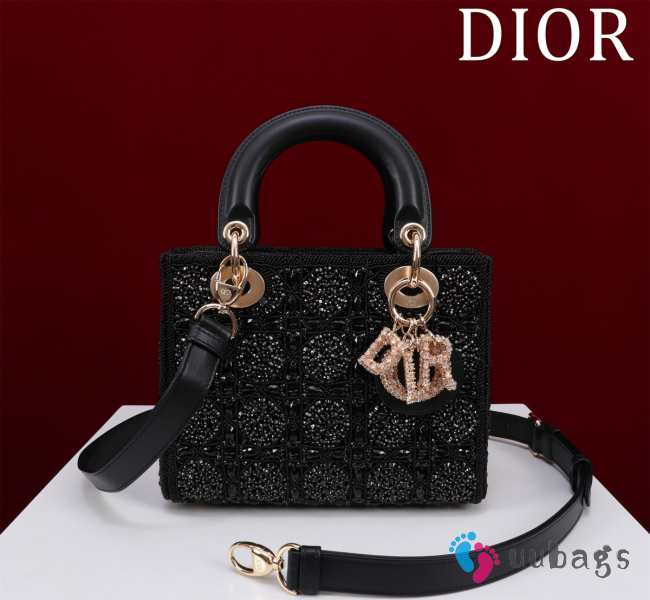 Uubags Lady Dior Small Bag in Black Cannage Beaded Embroidery with Gold-Finish Metal 20x16x8cm - 1